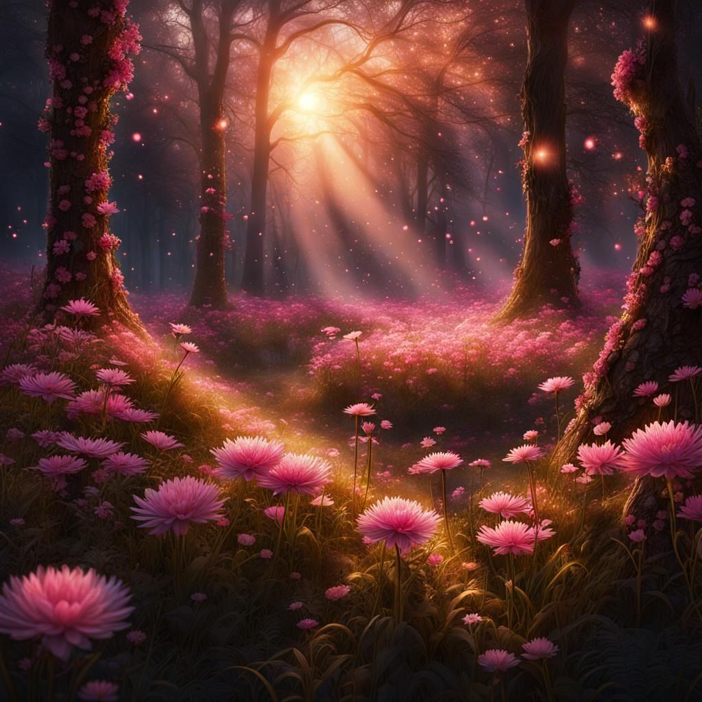 Enchanted Forest with Pink Flowers: Fantasy Concept Art