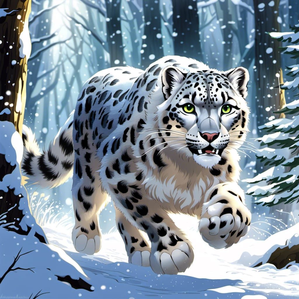 Snow Leopard Running: Anime-Inspired Forest Scene