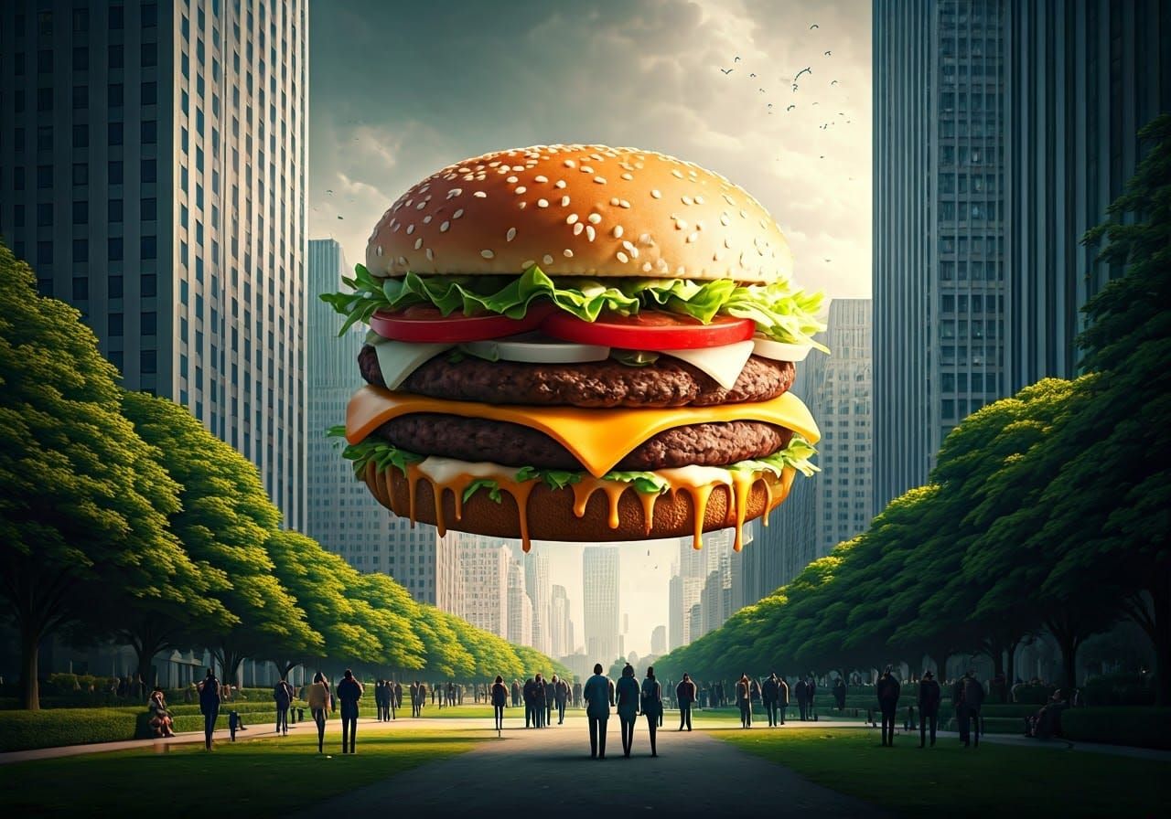 Giant Big Mac in City Park, Dreamlike Digital Art