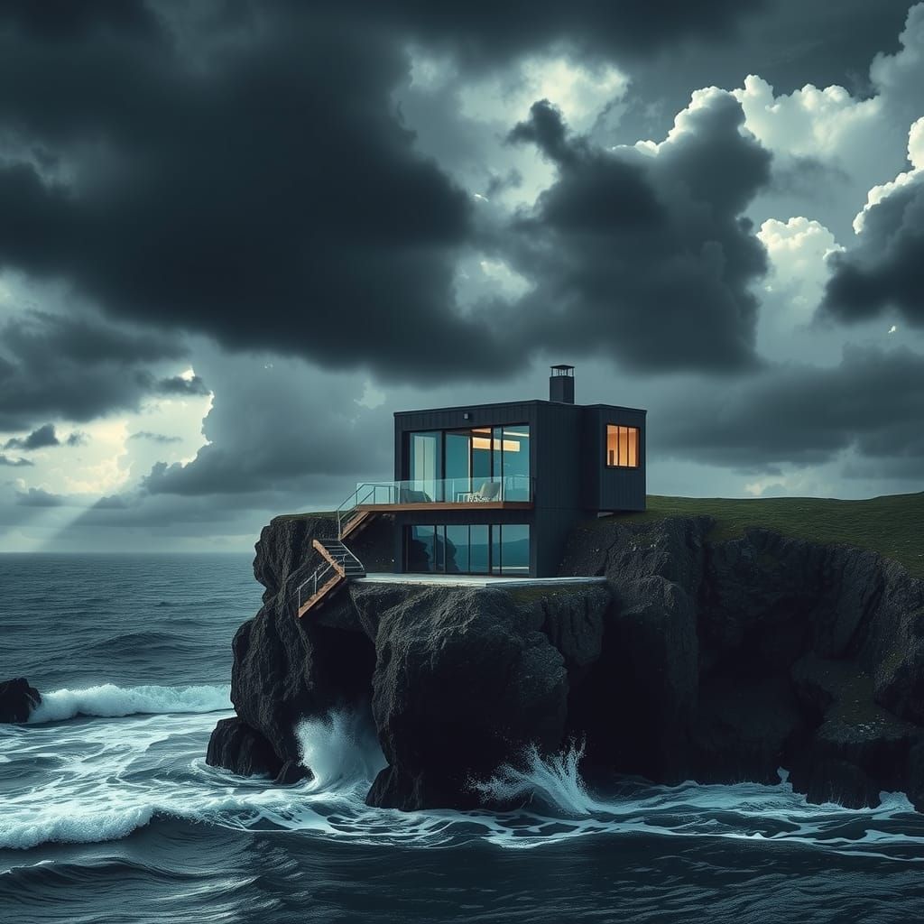 Modern House on Cliffside During Storm