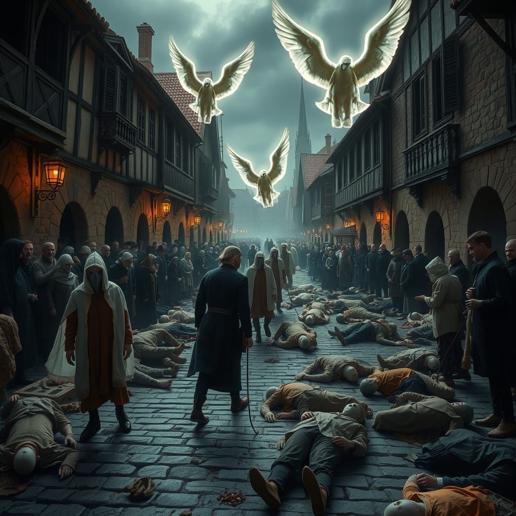 Medieval Plague Scene with Angels in Mystical Realism