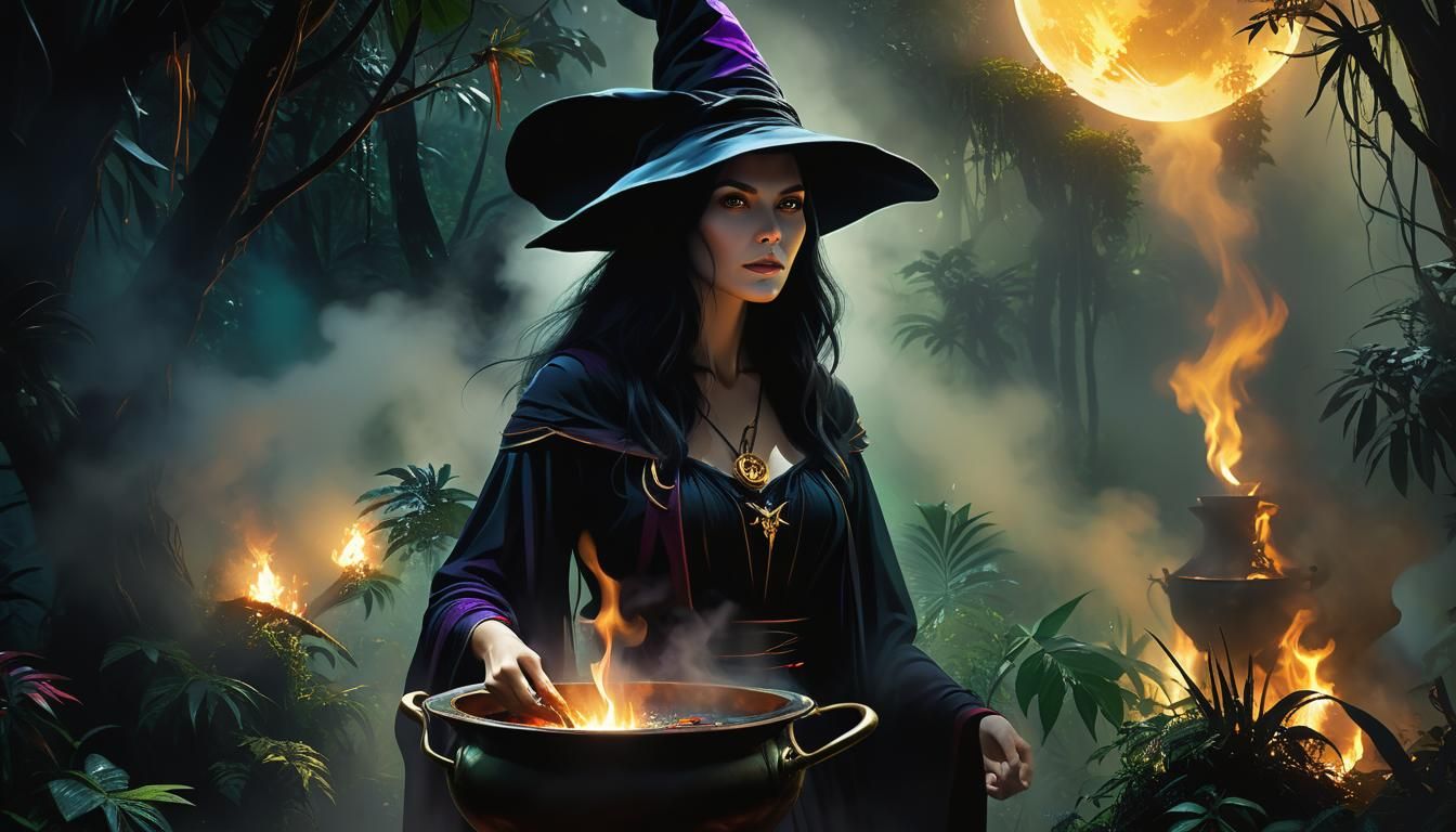 Witch in Dark Jungle with Cauldron, Digital Art