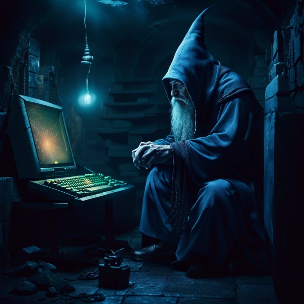 Depressed Wizard in Dystopian Basement: Fantasy Concept Art