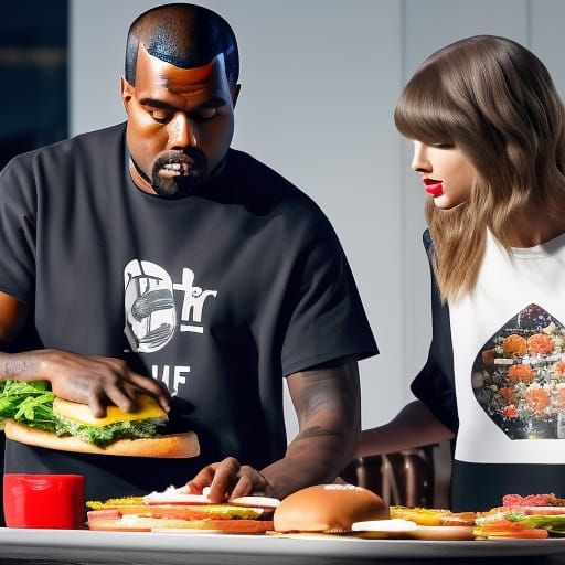 Kanye West and Taylor swift making some burgers Professional photography, bokeh, natural lighting, canon lens, shot on d...