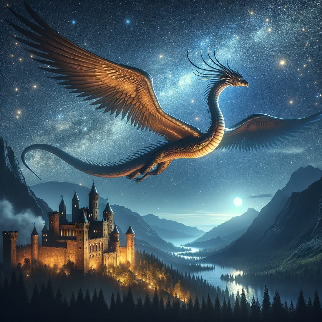 Winged Serpent Gliding Over Medieval Castle