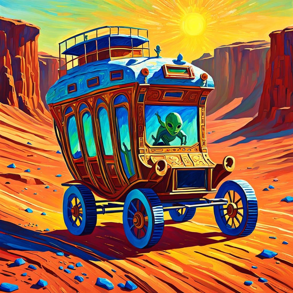 Gouache Masterpiece: Alien Stagecoach on Mars in Impressioni...