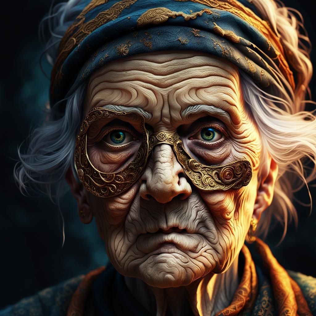 Intense Portrait of Old Woman with Eye Patch