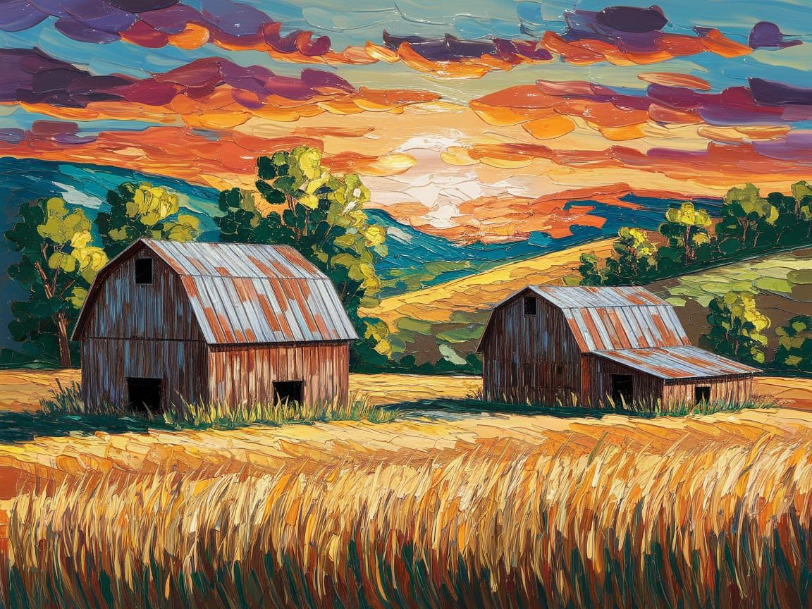 Golden Wheat Field: Impressionistic Rural Sunset
