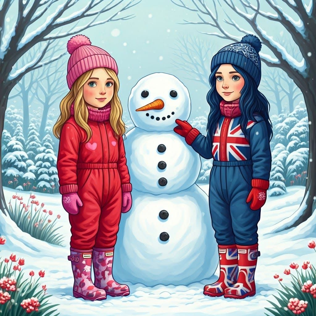 Sisters Build Whimsical Snowman in Enchanted Winter Garden