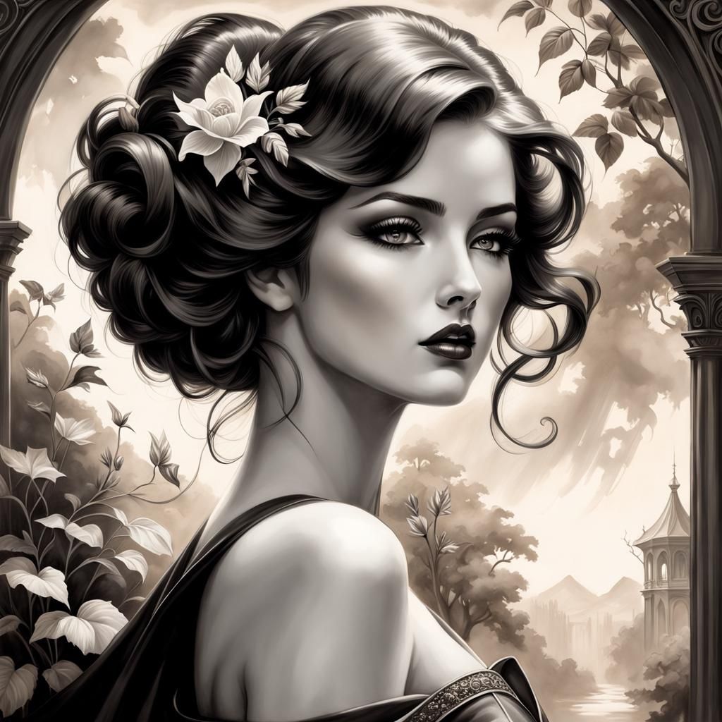 Monochrome Portrait Painting with Fantasy Elements