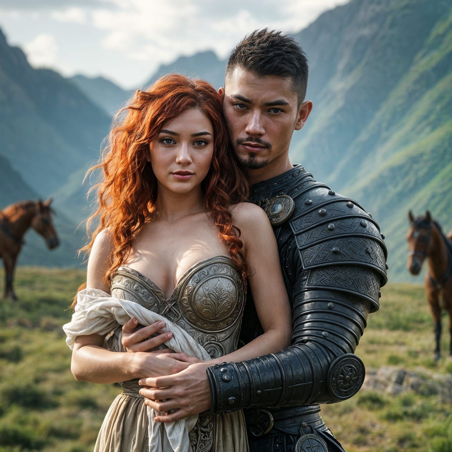 Asian Warrior with Red-Haired Woman: Digital Matte Painting