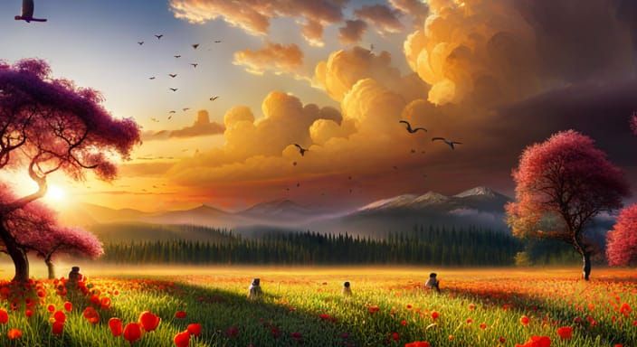 Family Picnic on Summer Meadow at Sunset