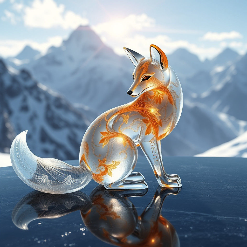 Glass Fox Sculpture on Obsidian Surface