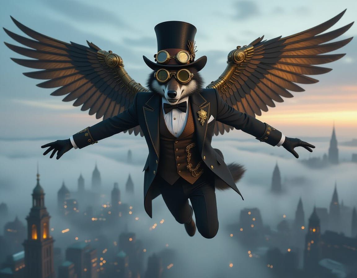 Steampunk Wolf Gentleman Soaring Over Cityscape