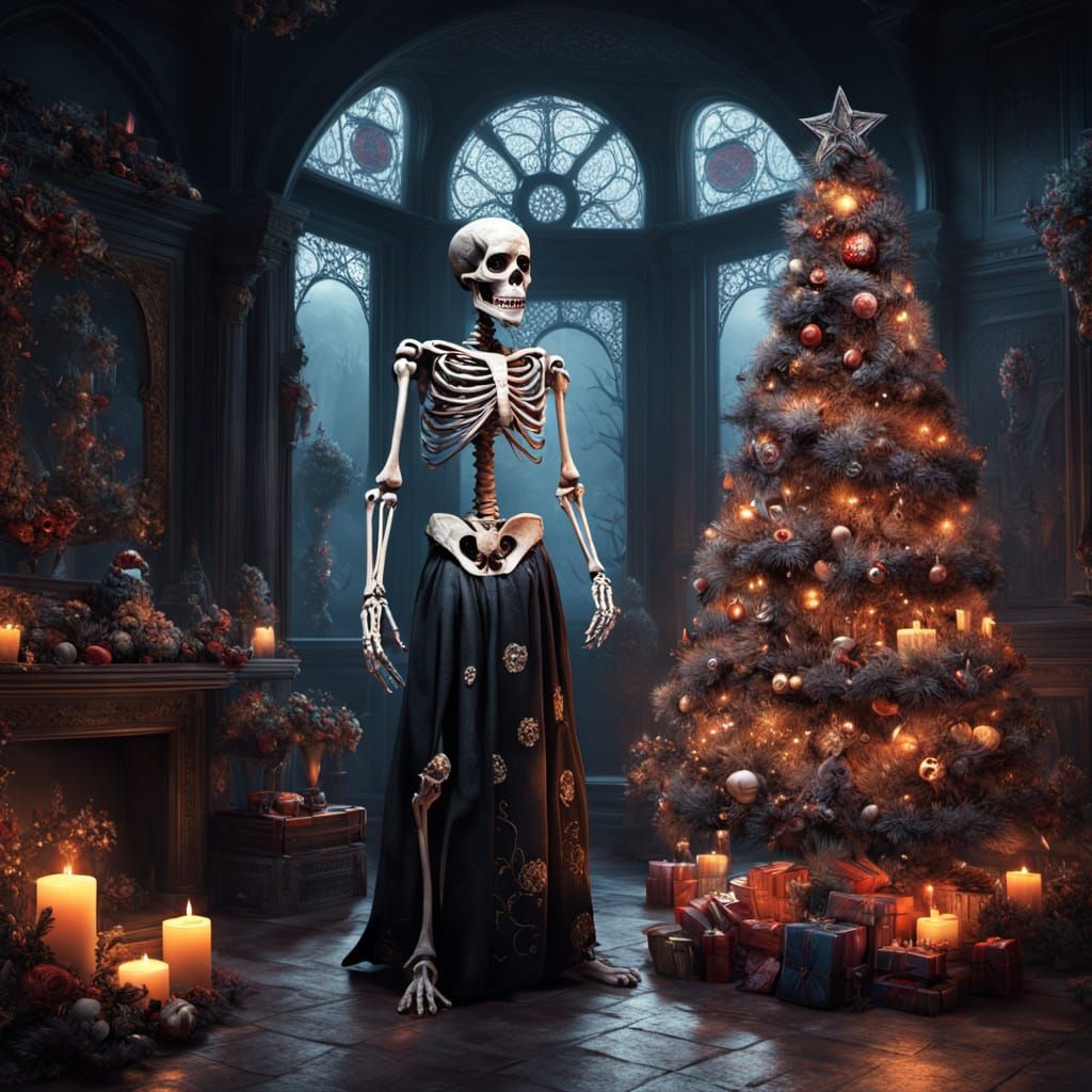 Skeletal Figure Decorates Day of the Dead Christmas Tree