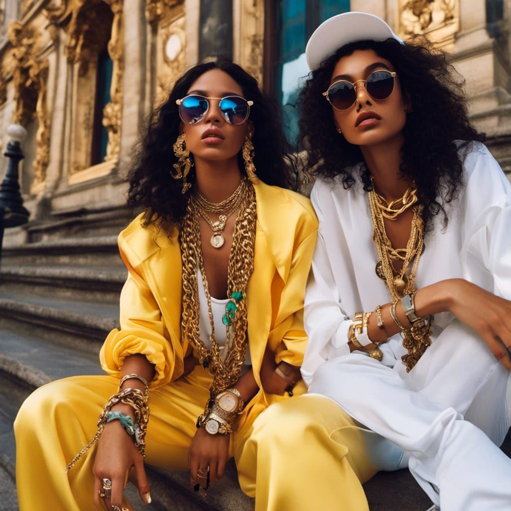 Hip-Hop music stars, gold necklaces, with gold chains and jewelry, watches.