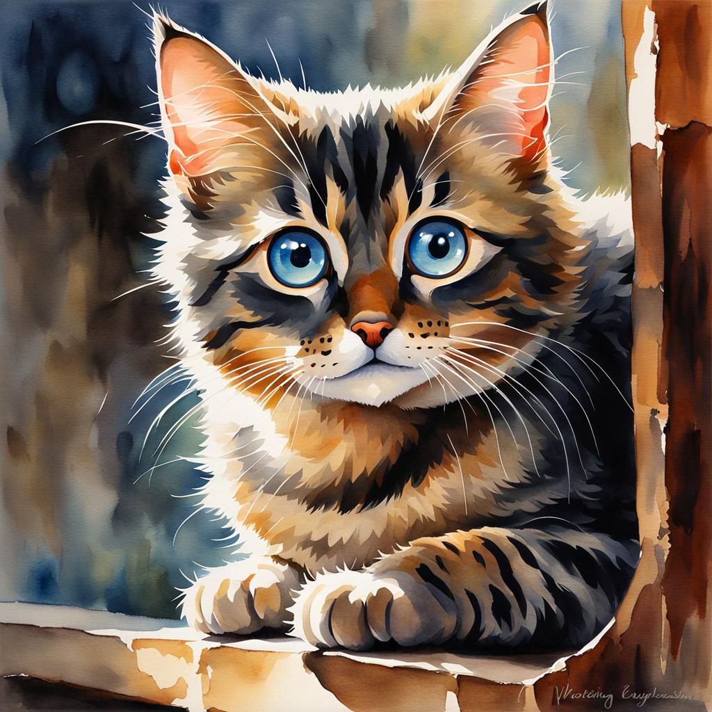 Watercolor Painting of Big Glowing Eyes