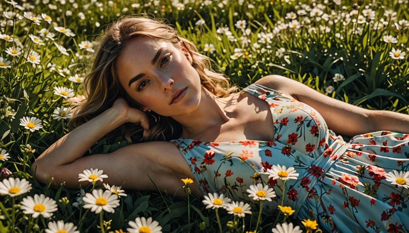 Double Exposure: Woman Resting in Sunny Flower Field