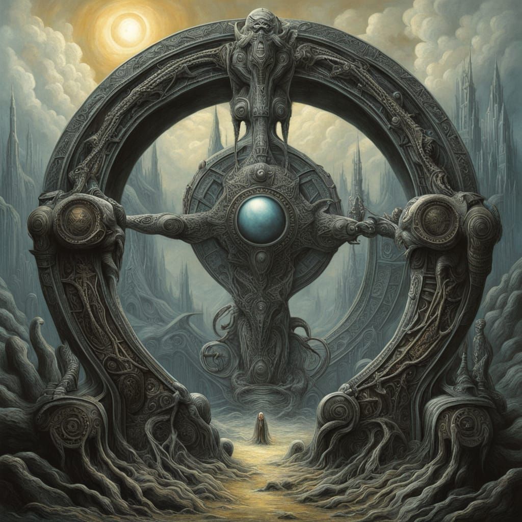 Ancient Gold Star Gate in Dark Winter Landscape with Serene ...