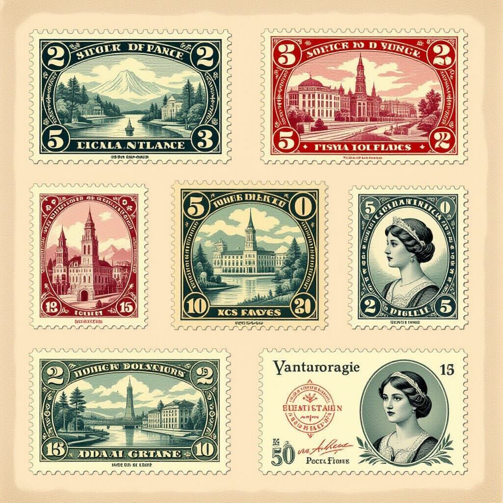 Nostalgic Collage of Vintage Postage Stamps in Folk Art Styl...