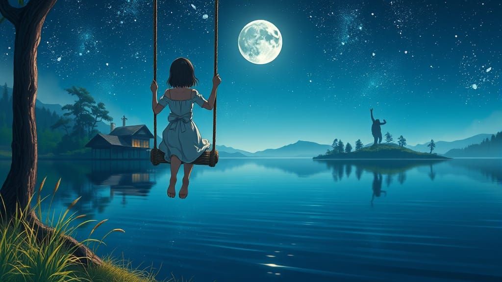 Anime Girl Explores Serenity on a Lake Swing Under Starry Ni...
