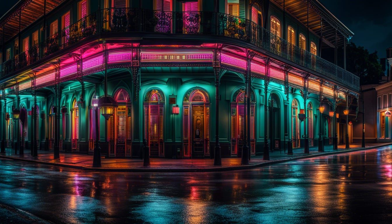 Vibrant Neon City Lights in New Orleans at Night