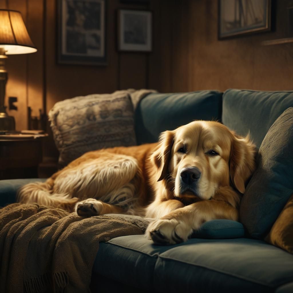 Golden Retriever Asleep in Cozy Room, Digital Matte Painting