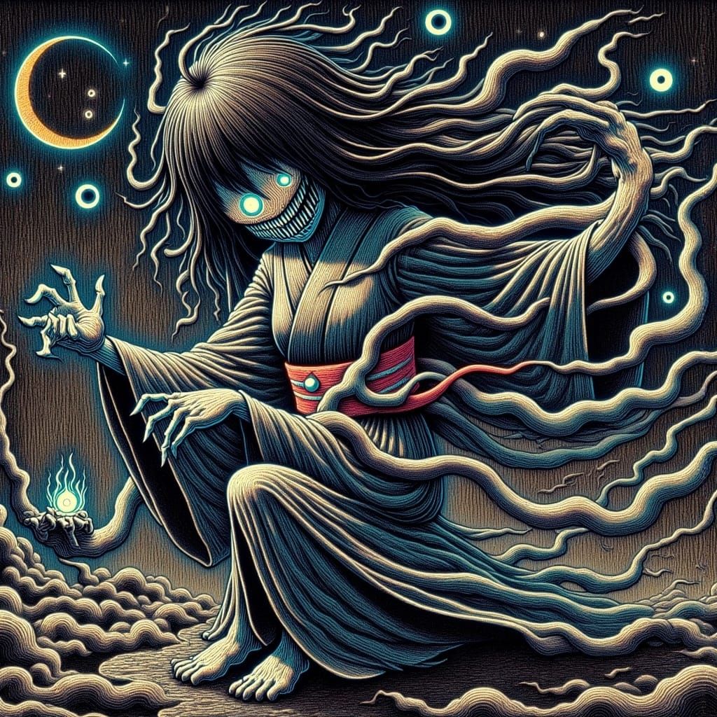 Eerie Yokai Shadows Dance: A Japanese Horror Design