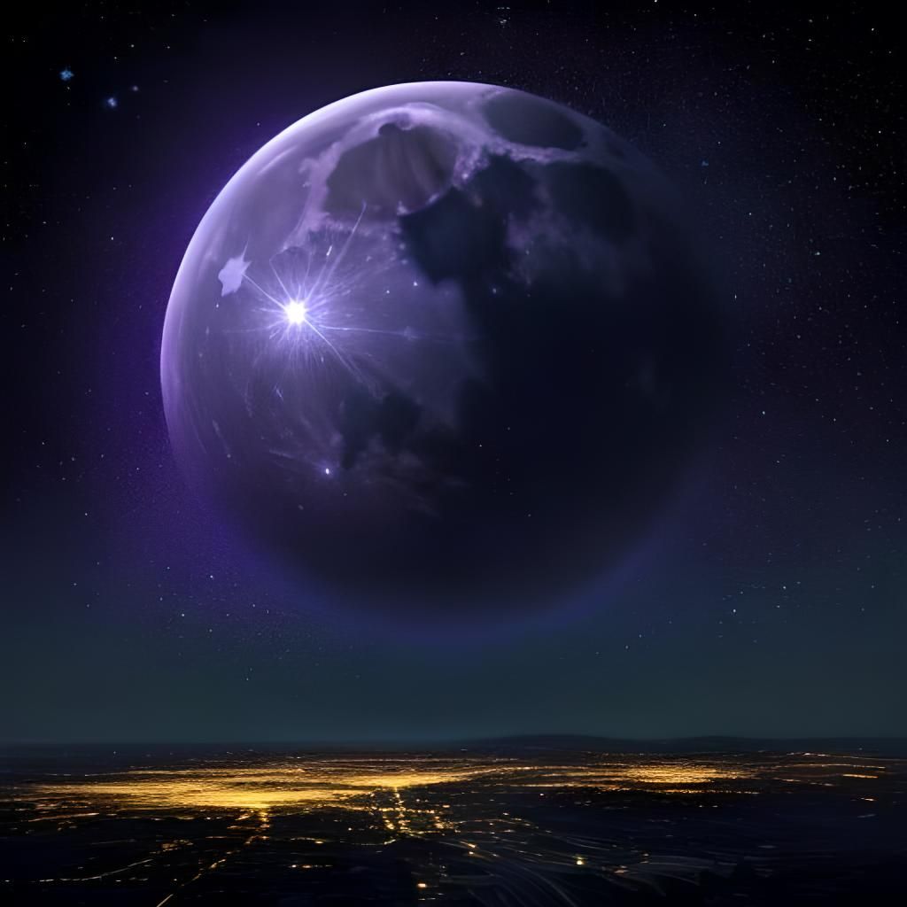 Starry night, huge clear moon.