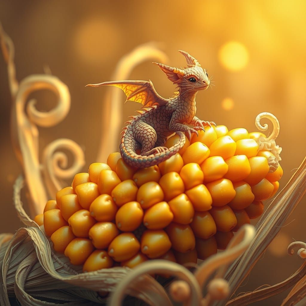 Surreal Fantasy Scene: Tiny Dragon Amongst Golden Corn
