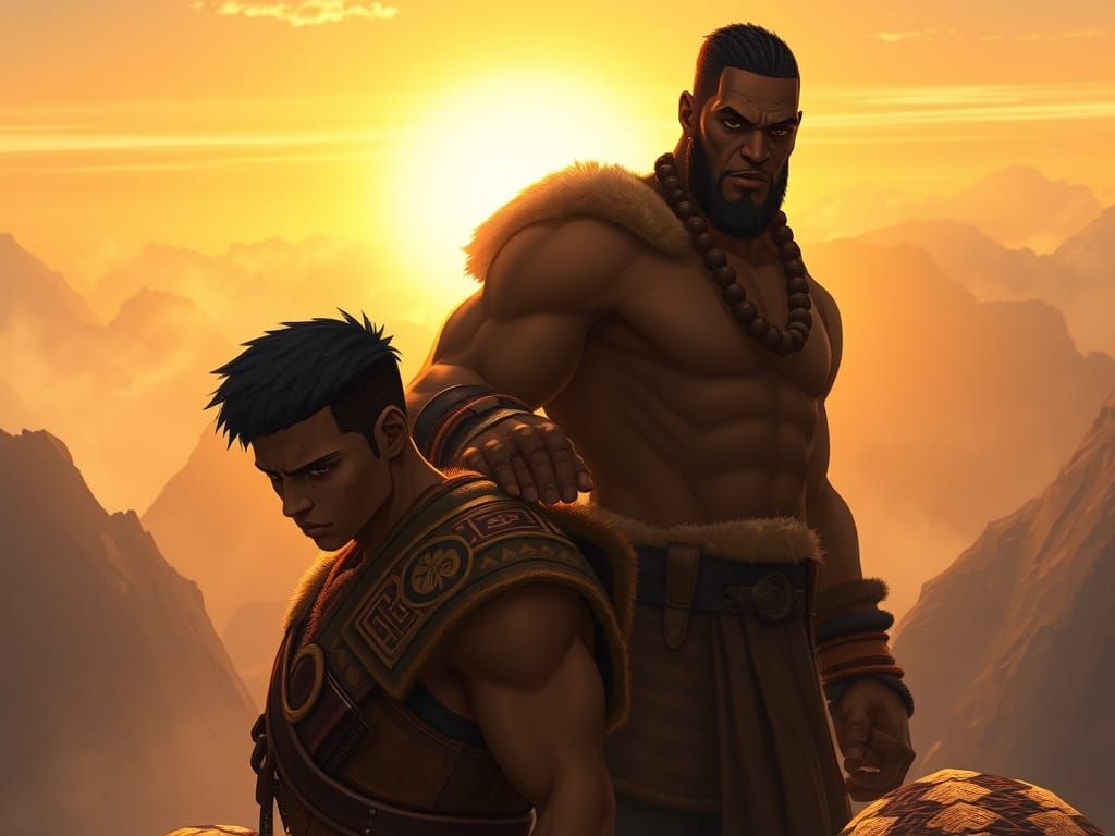 Majestic African Warrior Stands Vigilant in Dawn's Golden Li...