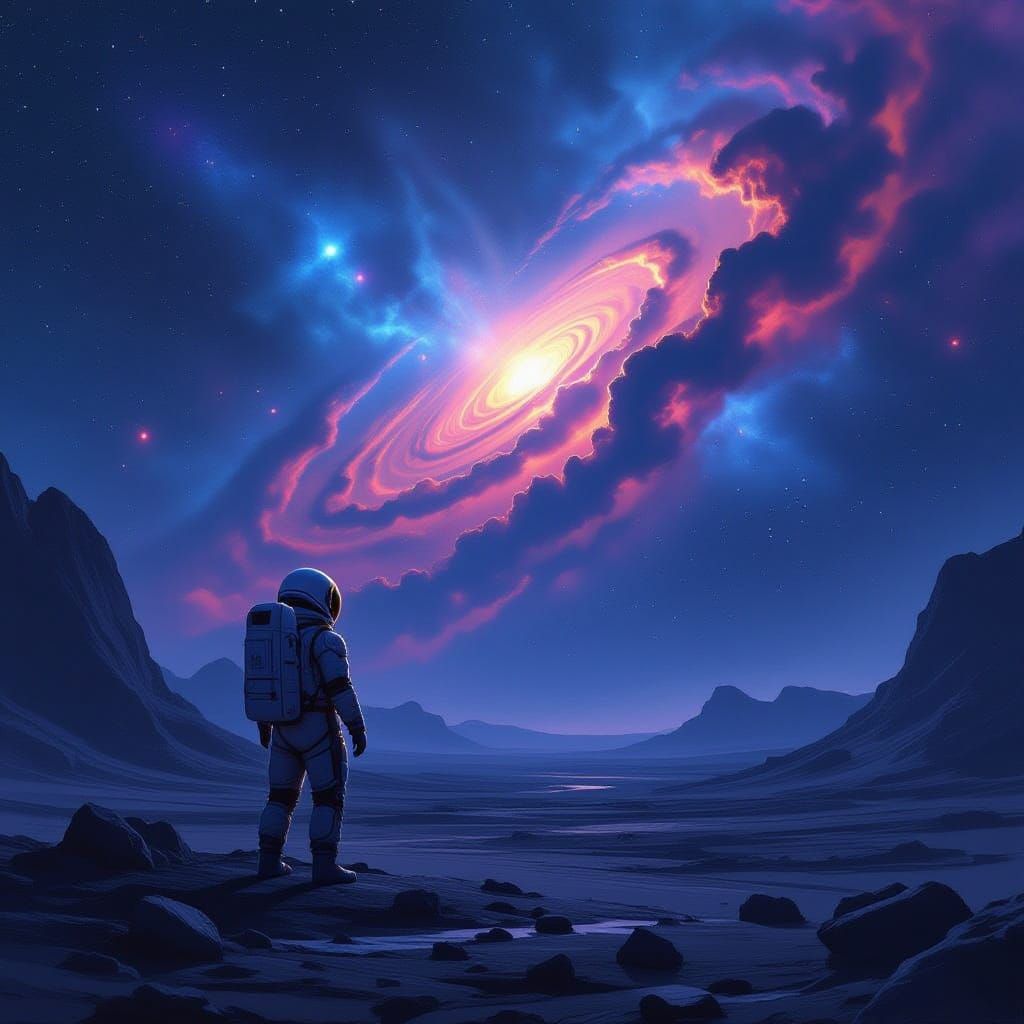 Astronaut Gazes at Vibrant Nebula on Alien World