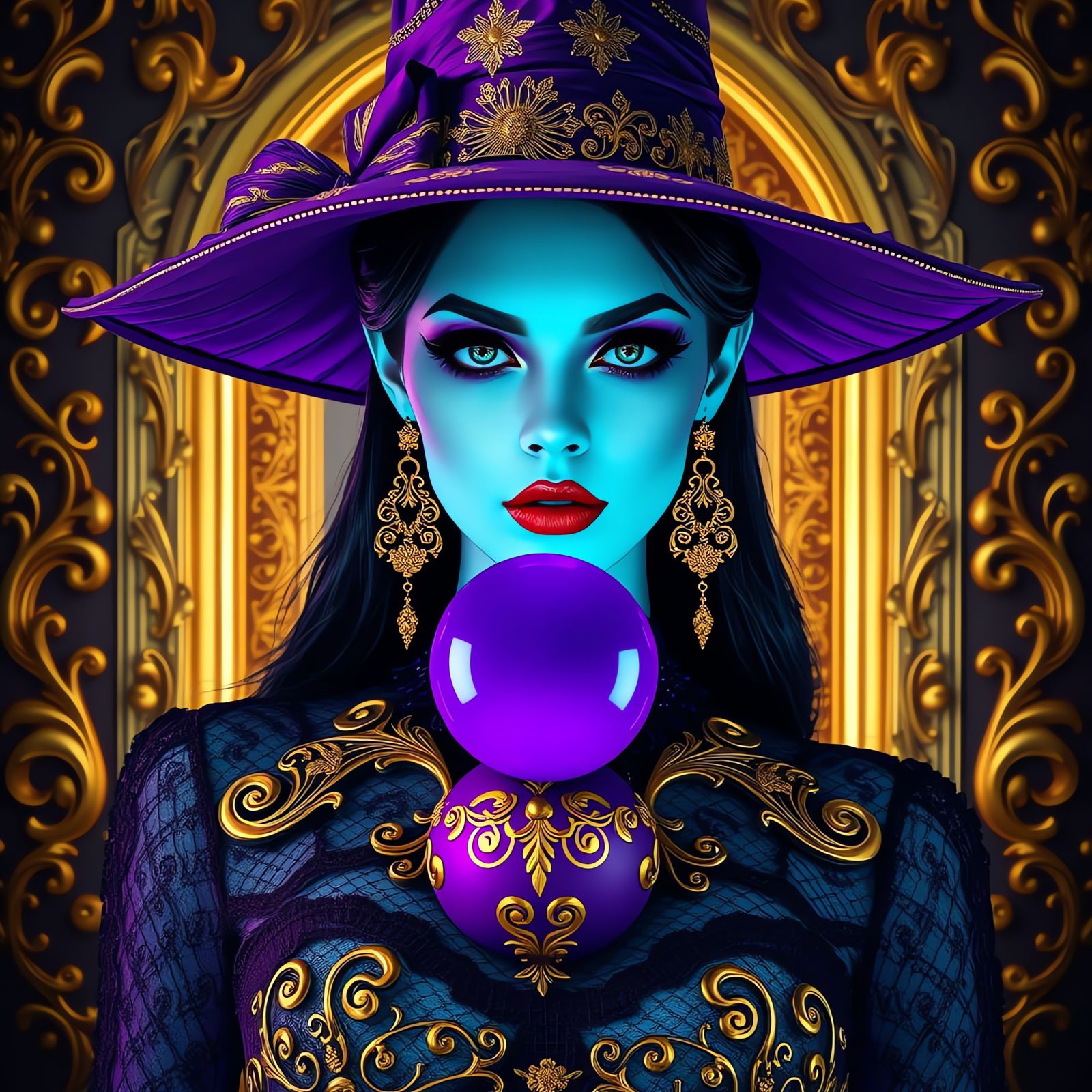 Ornate Witch Portrait With Golden Baroque Frame