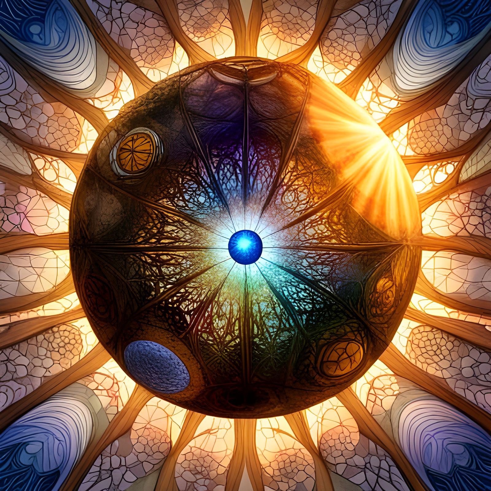 Colorful Sphere with Eyes in Voynich Style