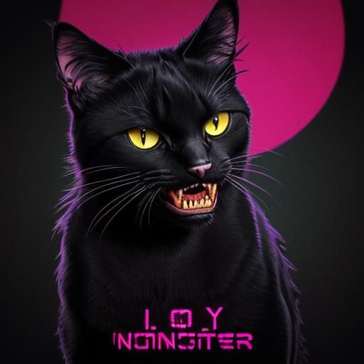 Synthwave Black Cat with Sharp Teeth
