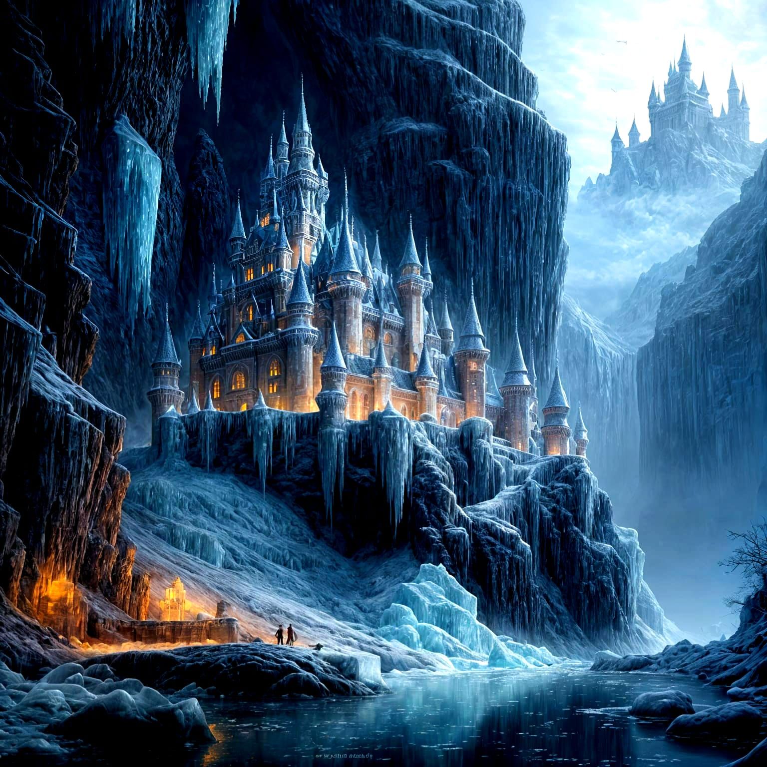 Ethereal Winter Castle Amidst a Deep Gorge