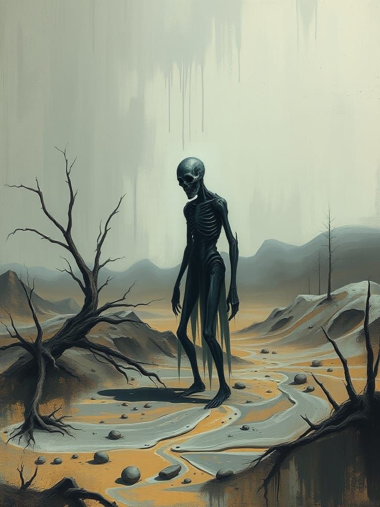 Eerie Figure in Dystopian Landscape as Surreal Art