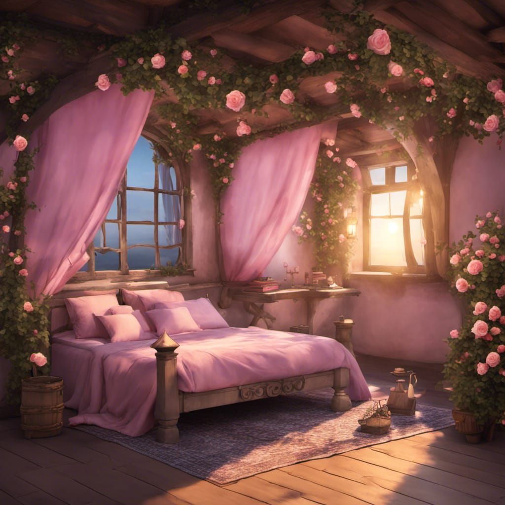 Romantic Medieval Cottage Room at Sunset