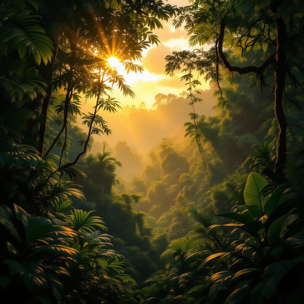 Lush Jungle Sunset in Hyperrealistic Detail