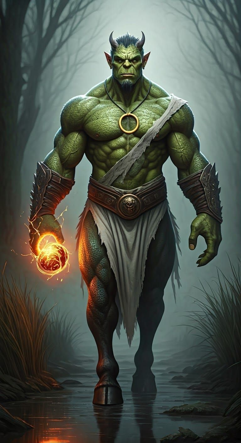 Mutant Centaur Warrior in Misty Marsh, Hyperrealism