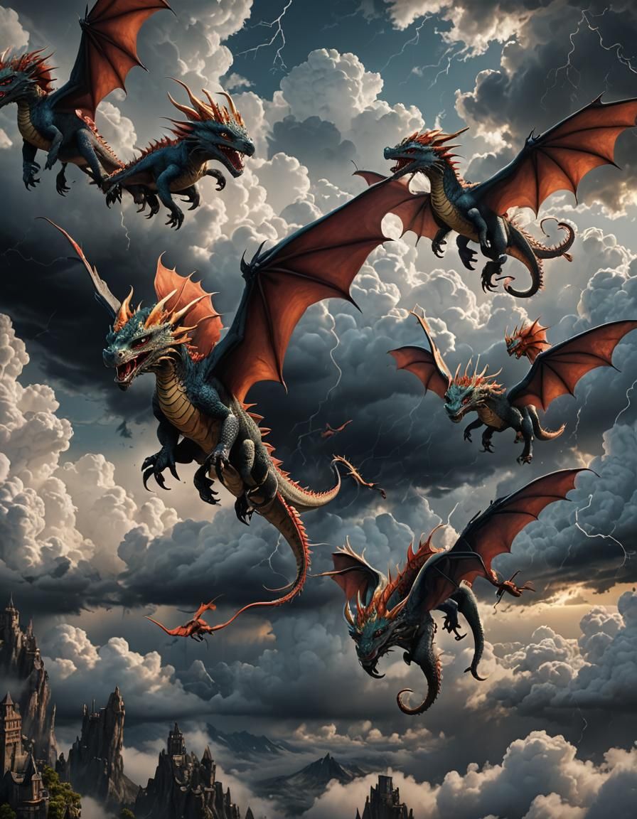 Baby Dragons Soaring Above the Clouds