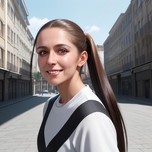 Hyperrealistic Portrait of a Smiling Brunette on Street
