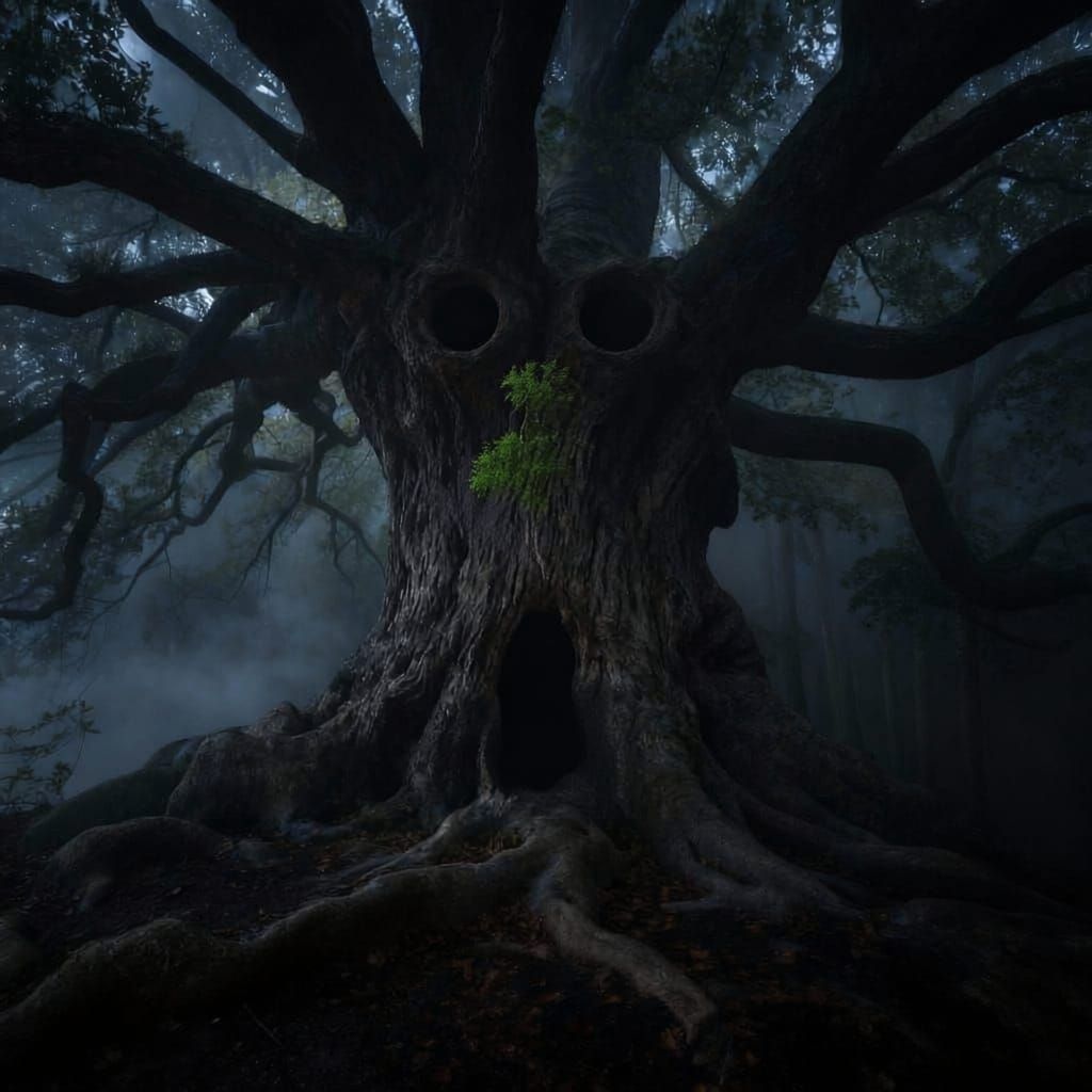 Ancient Oak Tree Face in Foggy Forest