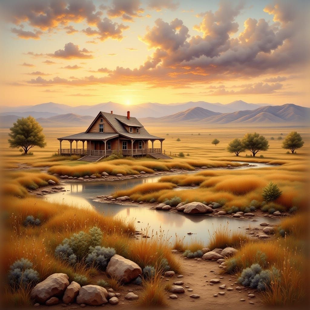 Prairie Pioneer House, Sunset Horizon in Watercolor Style