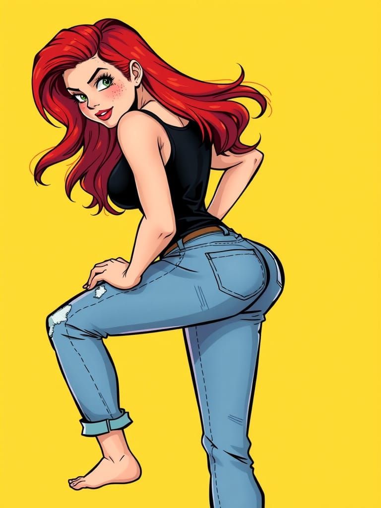 Redhead in Ripped Jeans: Comic Book Illustration