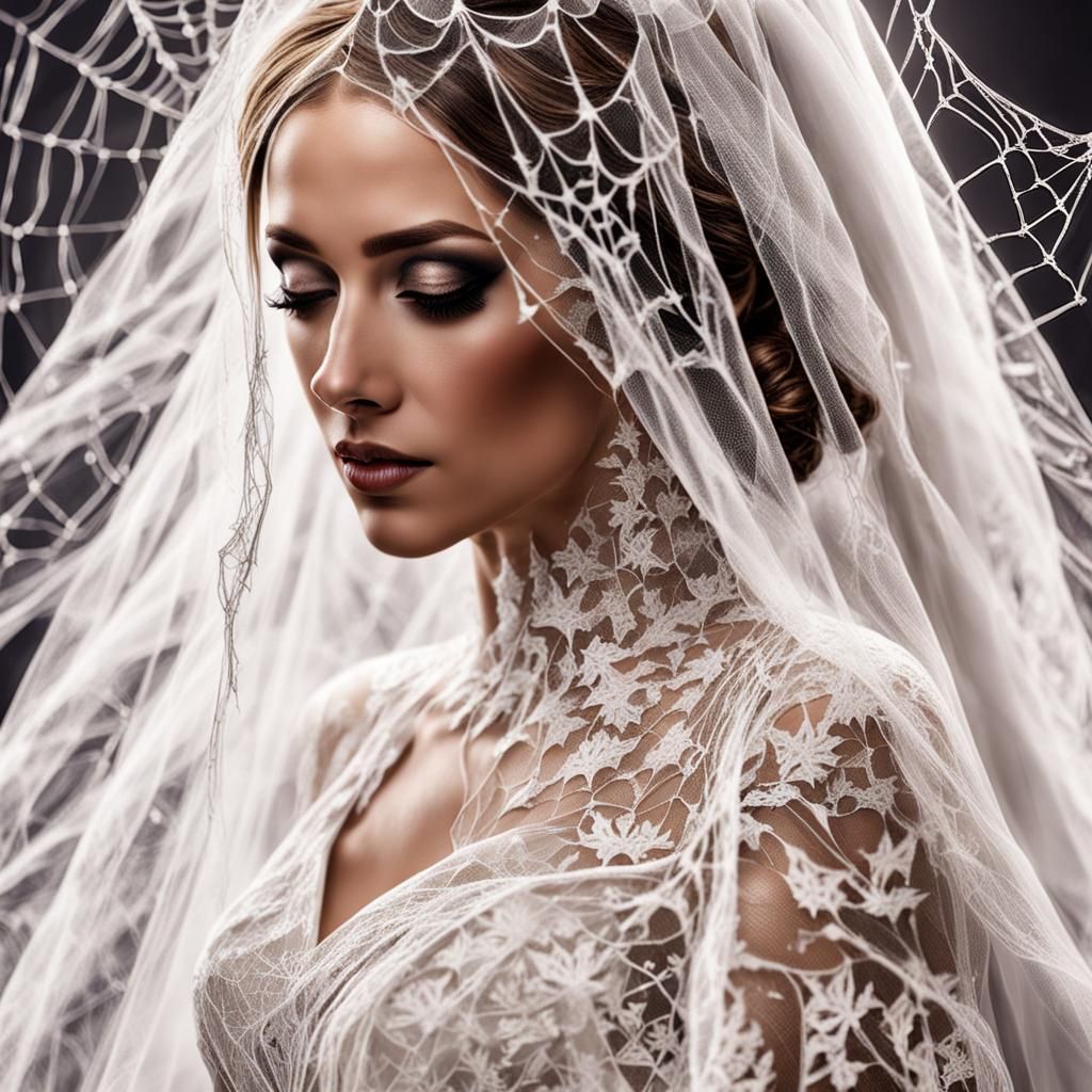 Bride with Spiderweb Veil: Photorealistic Full Figure