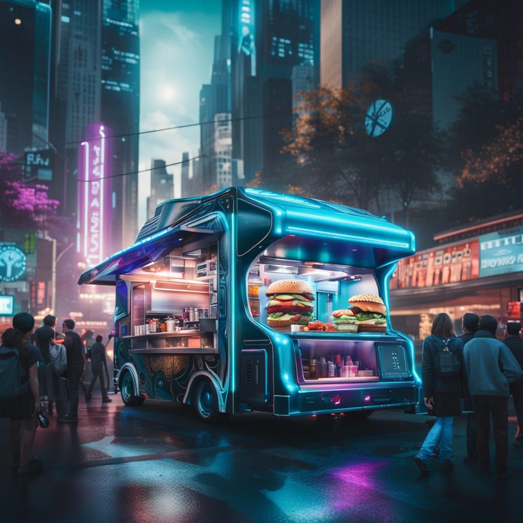 Futuristic Food Truck in Cyberpunk Cityscape
