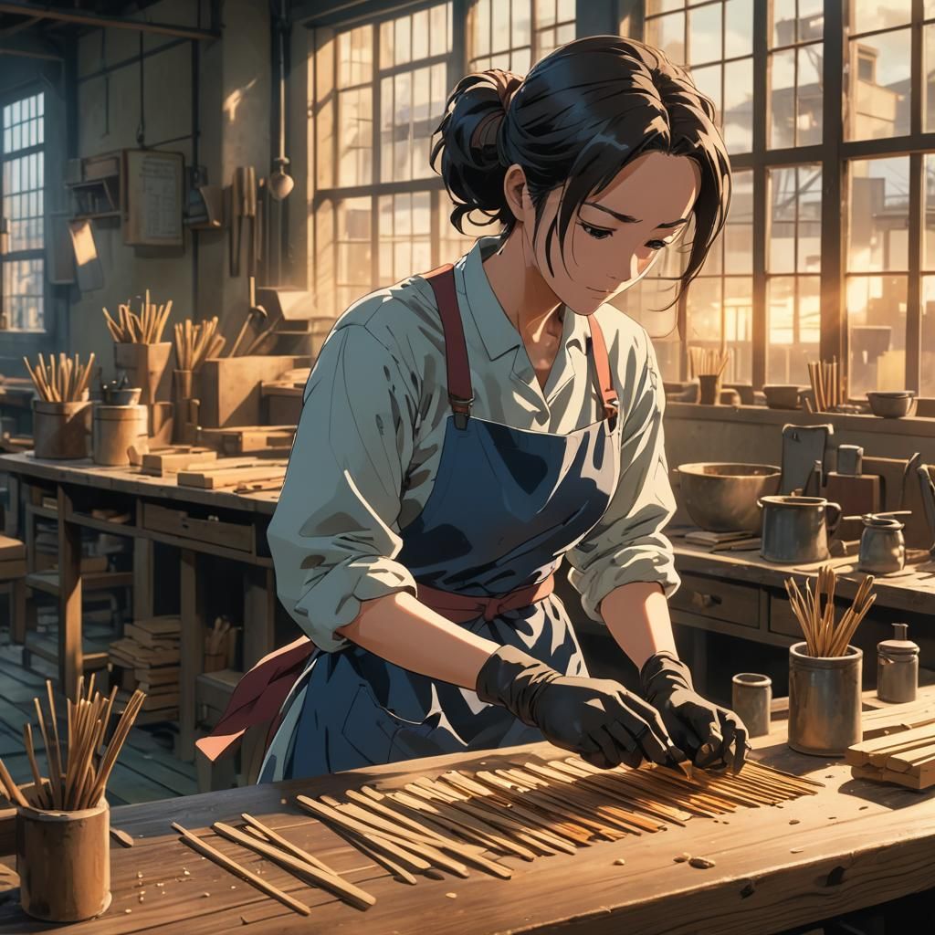 Anime Style Match Factory Scene in Golden Light