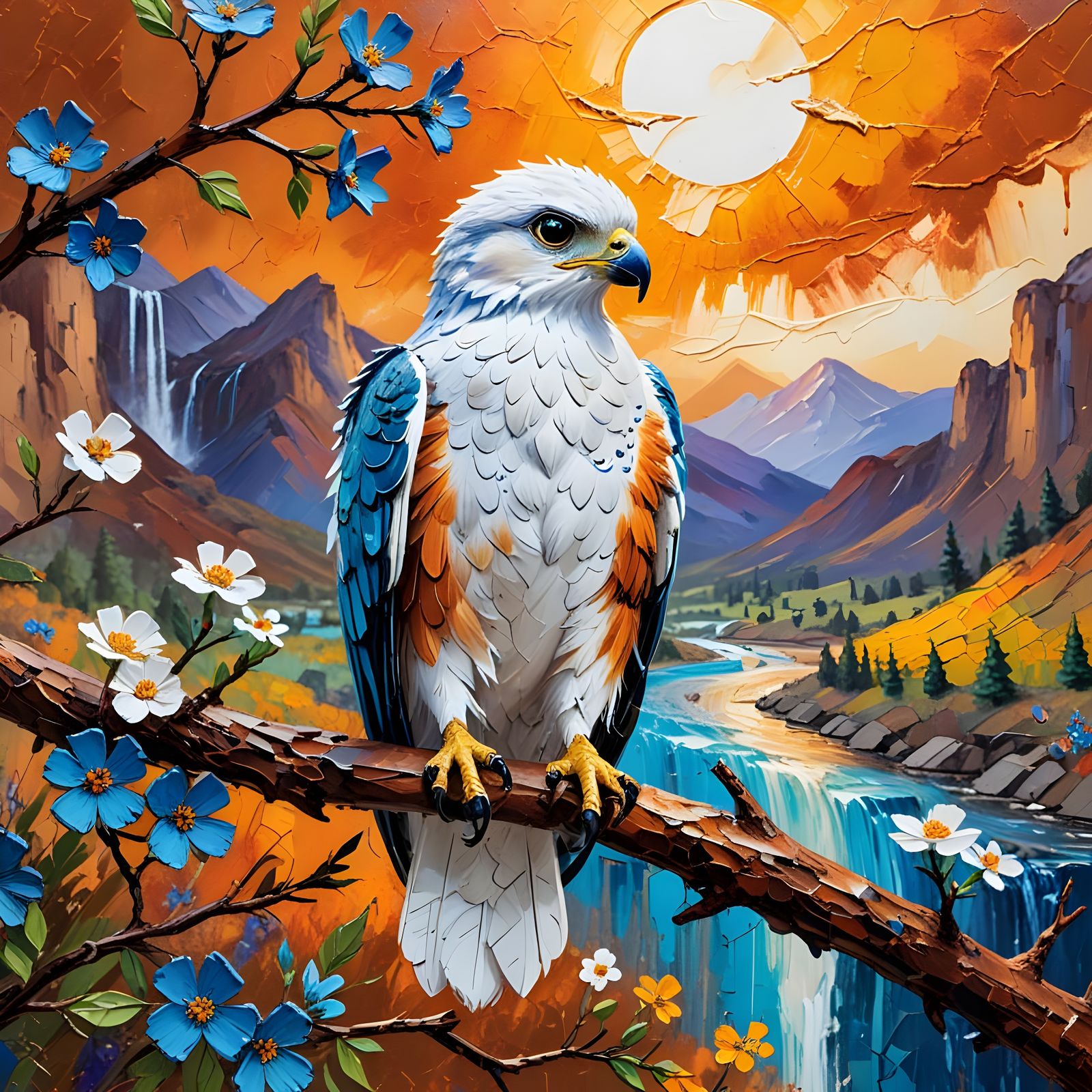 Impasto Painting of a Fluffy Blue and White Falcon