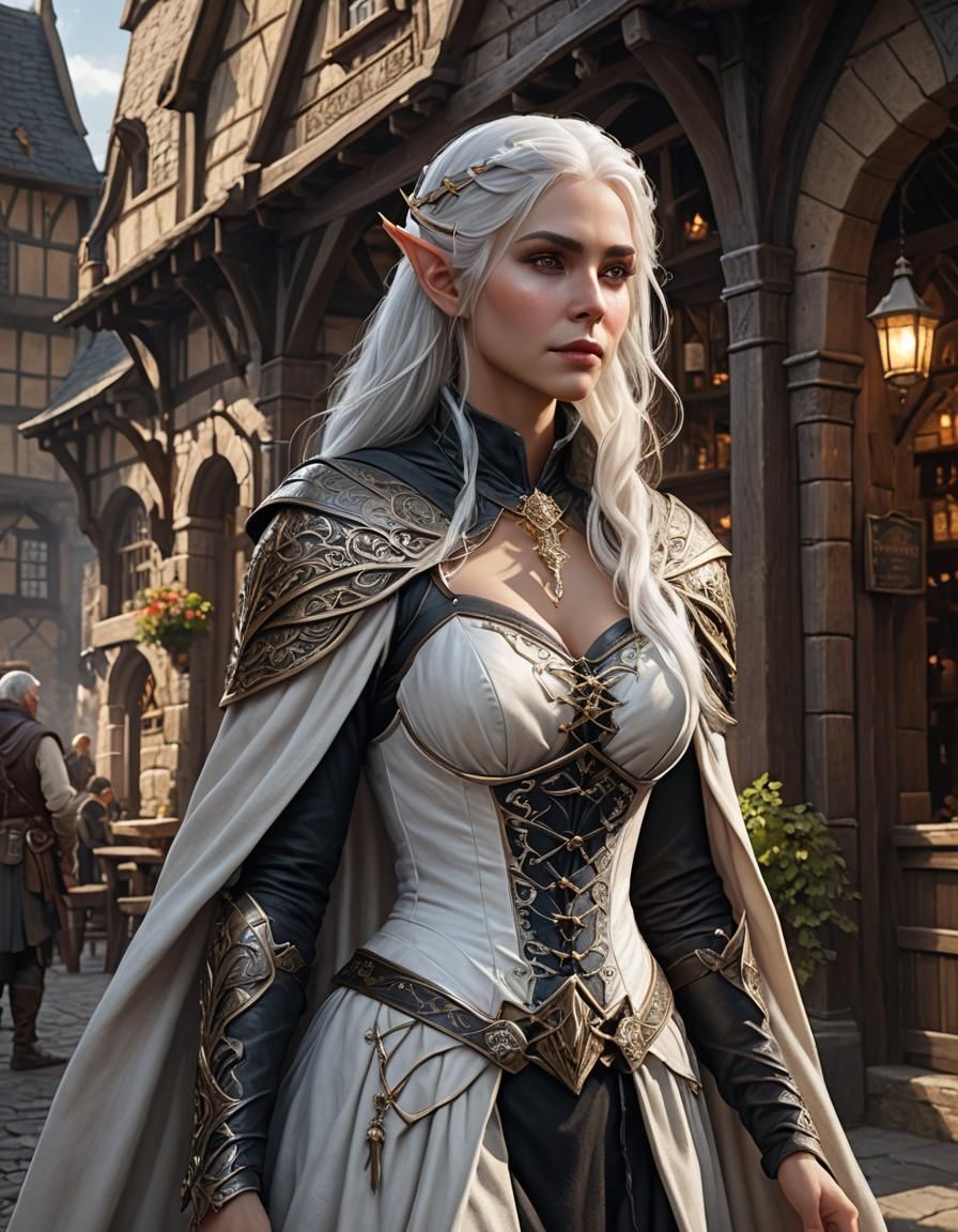 Elf Woman Portrait Outside Medieval Tavern